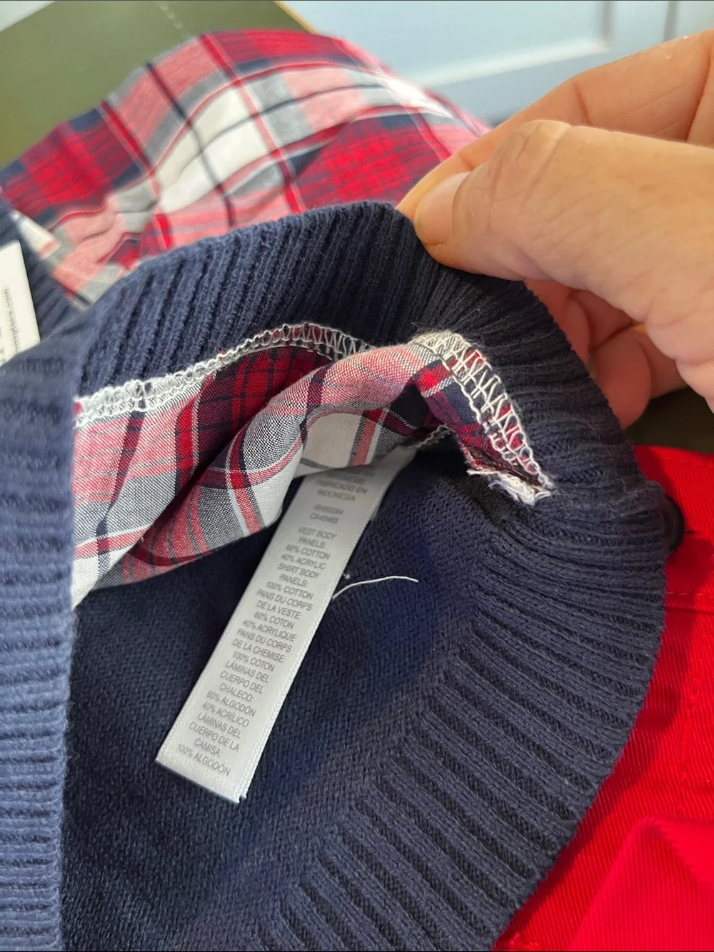The Children's Place Navy Vest, Red Pants & Plaid Shirt Set